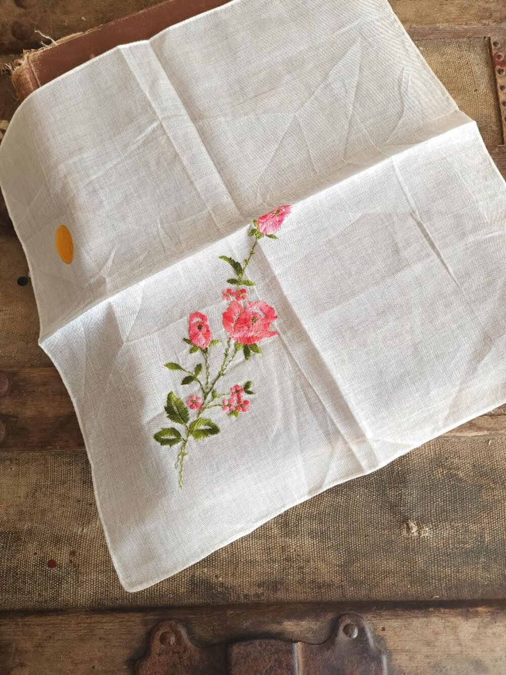 Vintage 1950s Handkerchief, NWT Swiss Embroidered Pink Rose White Cotton Hankie